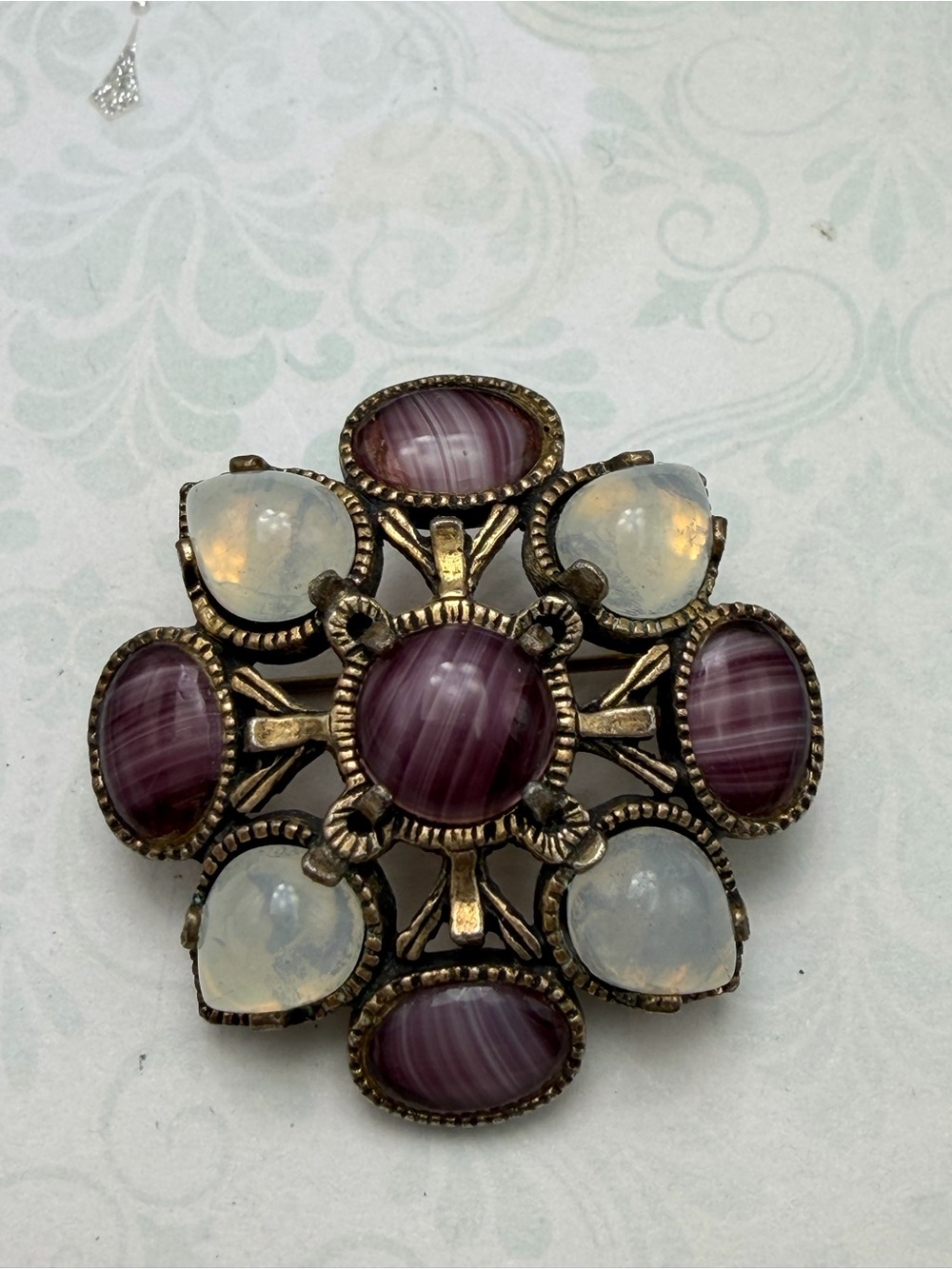 Vintage Celtic Agate and Quartz Statement Brooch #cz611